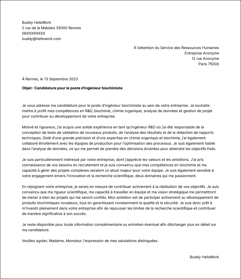 Modèle lettre de motivation Ingénieur biochimiste Exemple lettre de motivation Ingénieur biochimiste