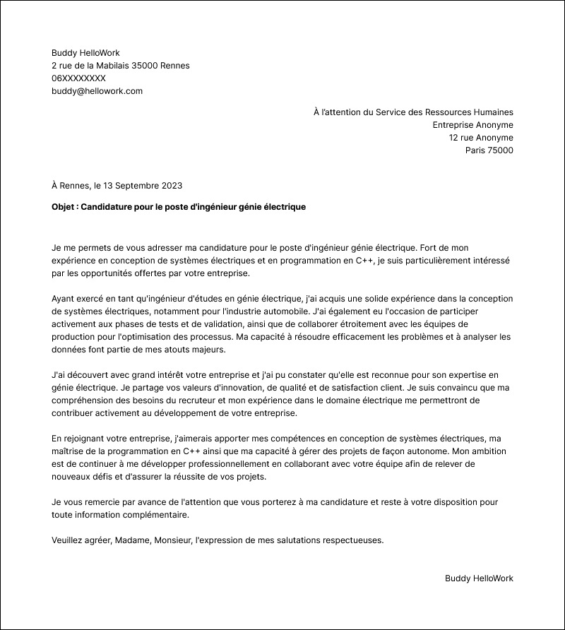 Modèle lettre de motivation Ingénieur en génie électrique Exemple lettre de motivation Ingénieur en génie électrique
