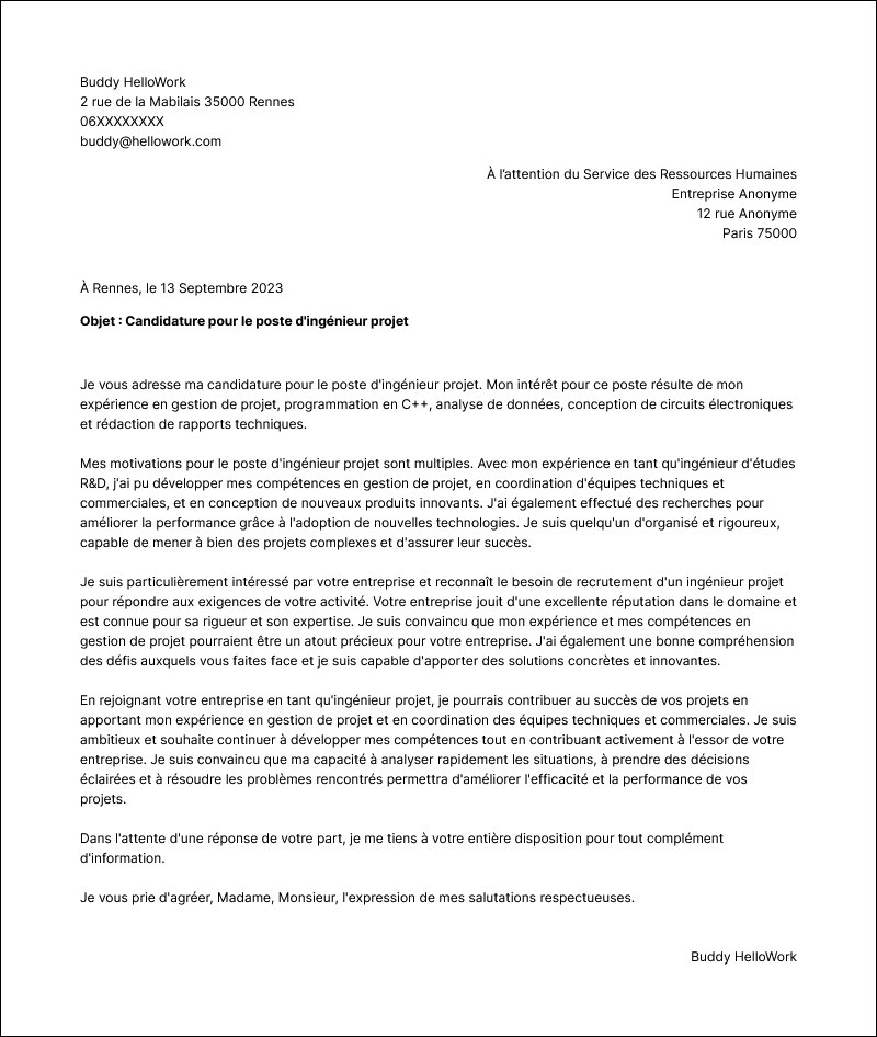 Modèle lettre de motivation Ingénieur projet Exemple lettre de motivation Ingénieur projet