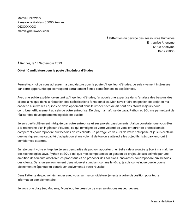 Exemple lettre de motivation Ingénieur d'études