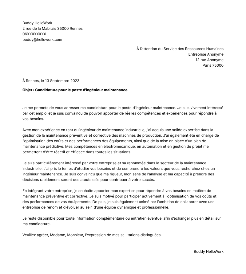 Modèle lettre de motivation Ingénieur de maintenance Exemple lettre de motivation Ingénieur de maintenance