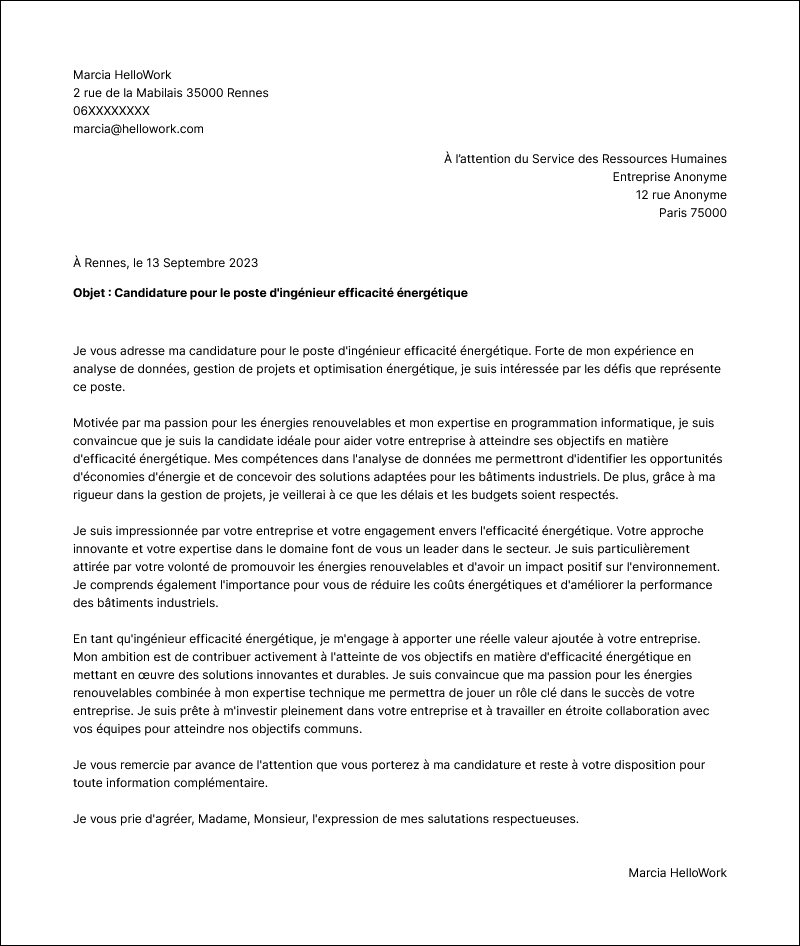 Modèle lettre de motivation Ingénieur efficacité énergétique Exemple lettre de motivation Ingénieur efficacité énergétique