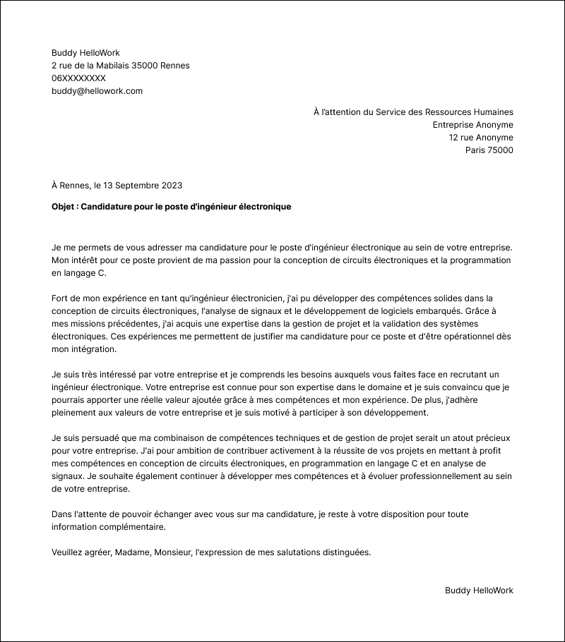 Modèle lettre de motivation Ingénieur en électronique Exemple lettre de motivation Ingénieur en électronique