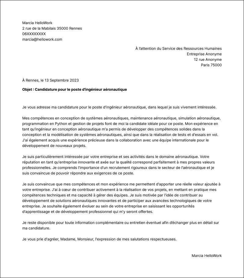 Modèle lettre de motivation Ingénieur aéronautique Exemple lettre de motivation Ingénieur aéronautique
