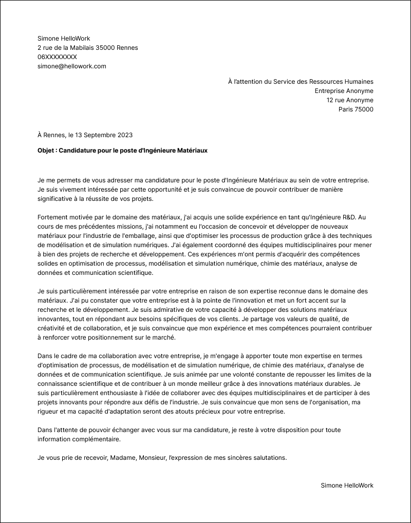Modèle lettre de motivation Ingénieur en chimie et matériaux Exemple lettre de motivation Ingénieur en chimie et matériaux