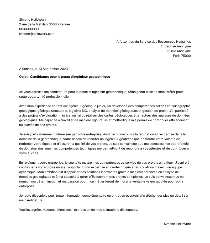 Modèle lettre de motivation Ingénieur géologue Exemple lettre de motivation Ingénieur géologue