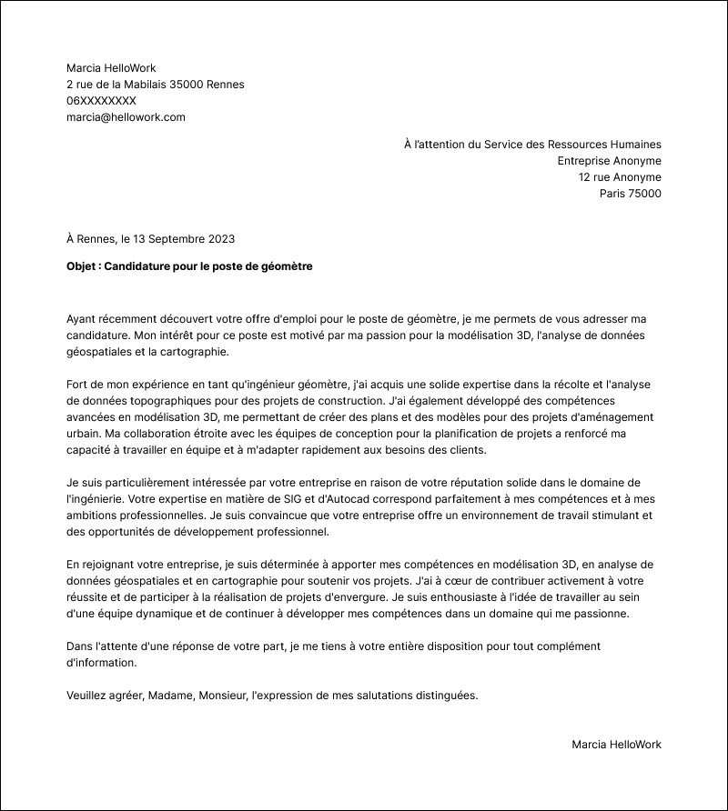 Modèle lettre de motivation Ingénieur géomètre Exemple lettre de motivation Ingénieur géomètre
