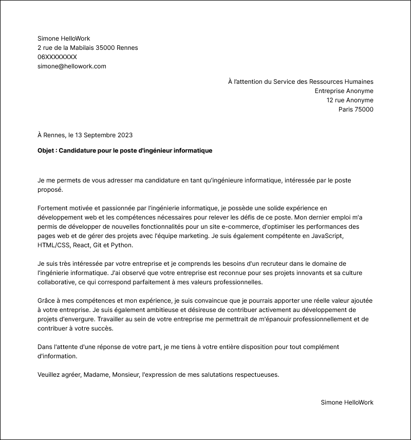 Modèle lettre de motivation Ingénieur en informatique Exemple lettre de motivation Ingénieur en informatique