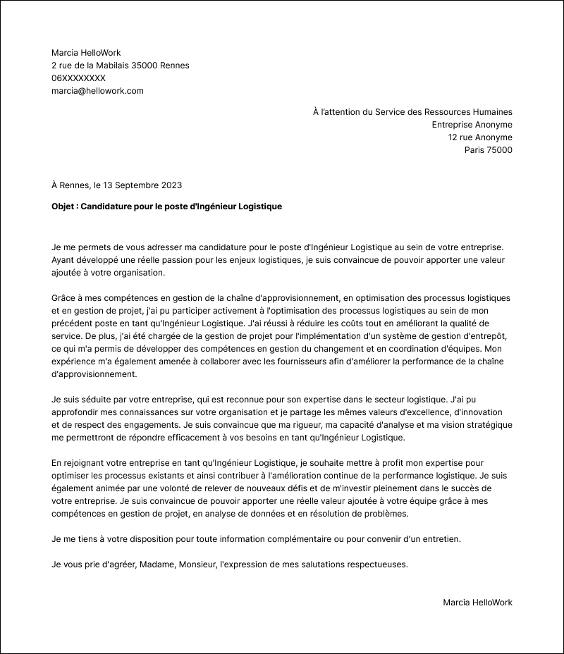 Modèle lettre de motivation Ingénieur logistique Exemple lettre de motivation Ingénieur logistique