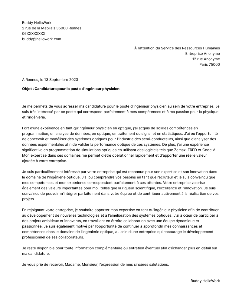 Exemple lettre de motivation Ingénieur physicien