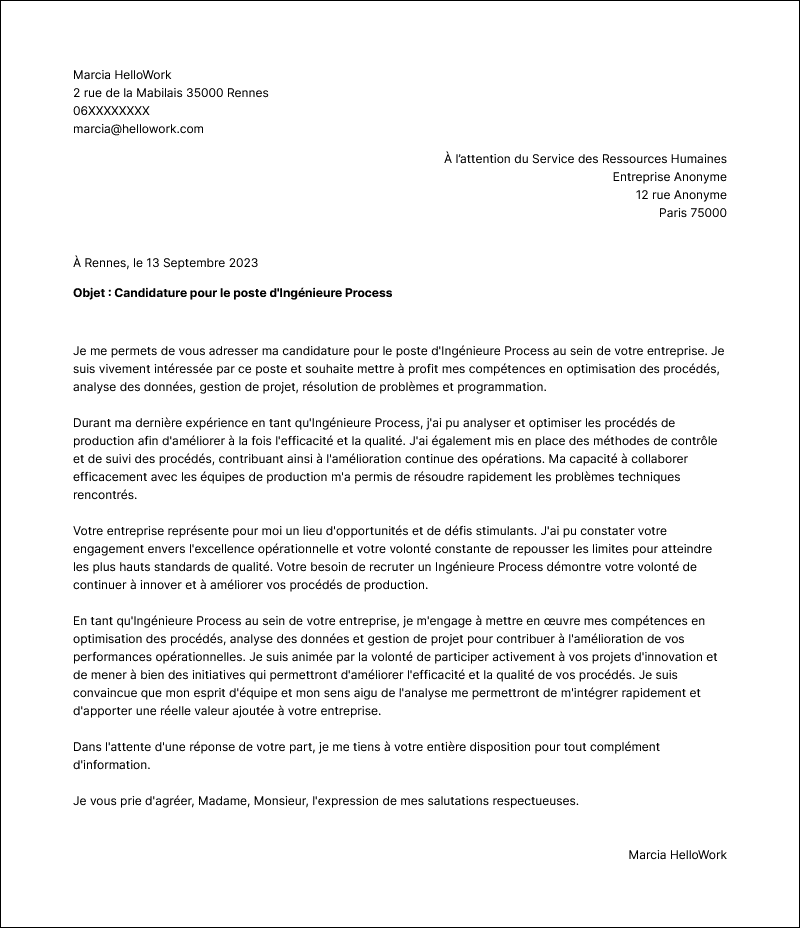 Modèle lettre de motivation Ingénieur process Exemple lettre de motivation Ingénieur process