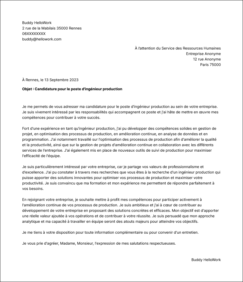 Modèle lettre de motivation Ingénieur production Exemple lettre de motivation Ingénieur production