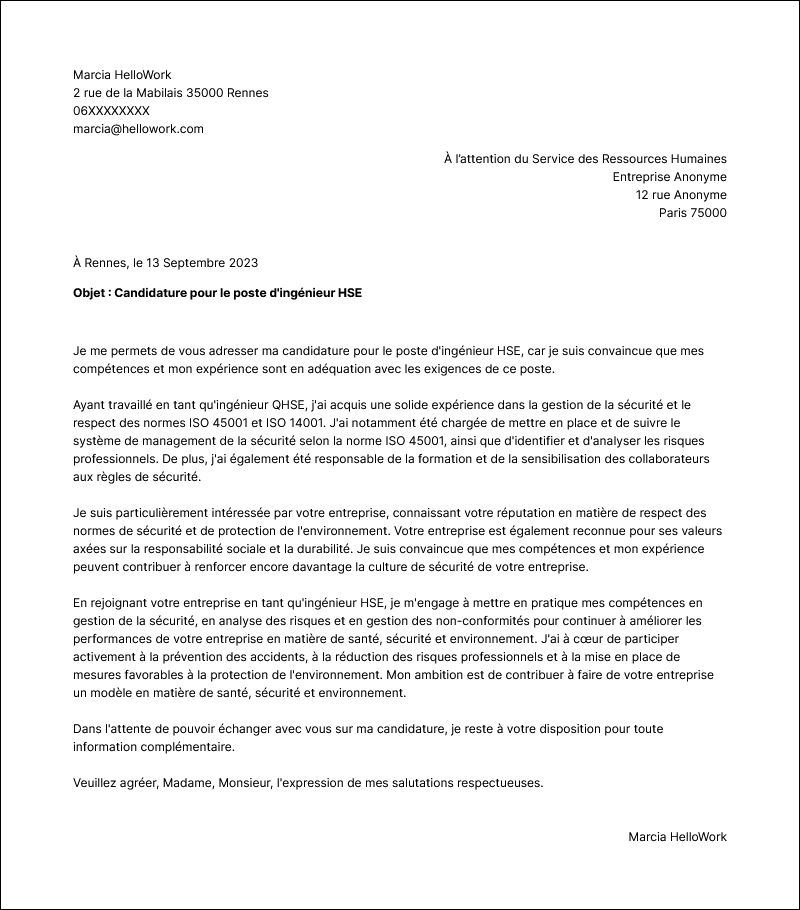 Modèle lettre de motivation Ingénieur QHSE Exemple lettre de motivation Ingénieur QHSE