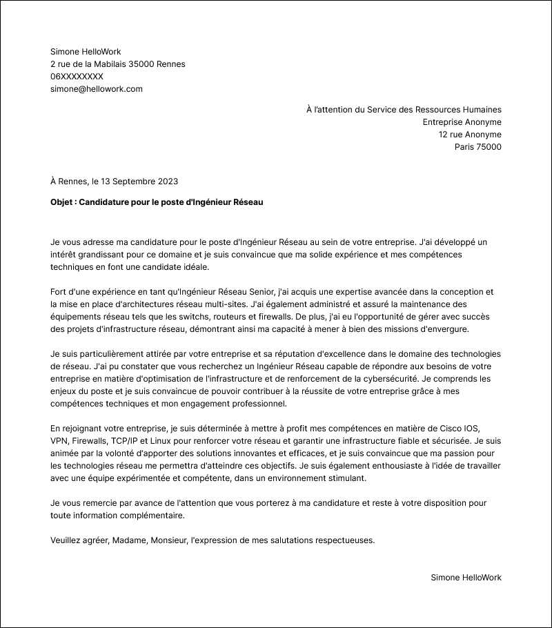 Modèle lettre de motivation Ingénieur réseau Exemple lettre de motivation Ingénieur réseau