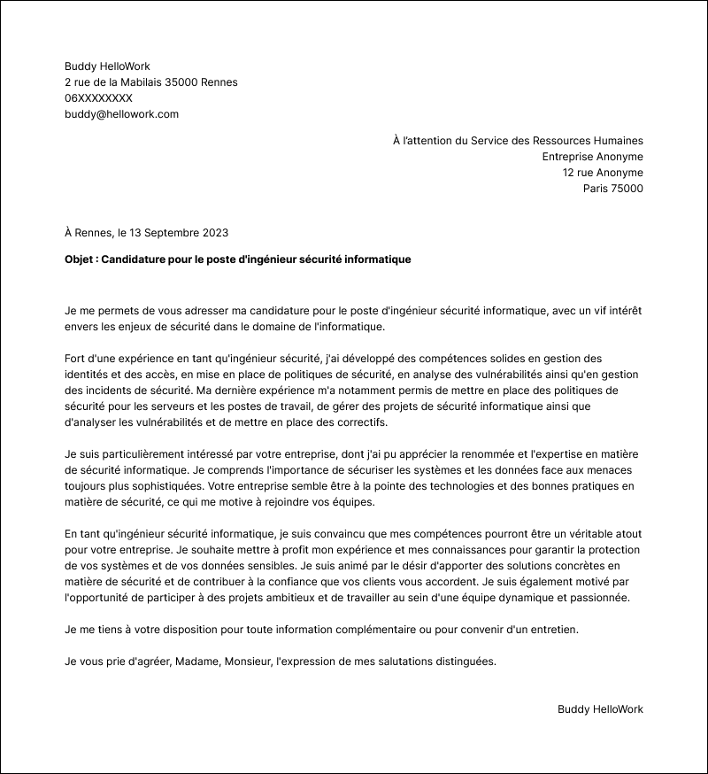 Modèle lettre de motivation Ingénieur sécurité informatique Exemple lettre de motivation Ingénieur sécurité informatique