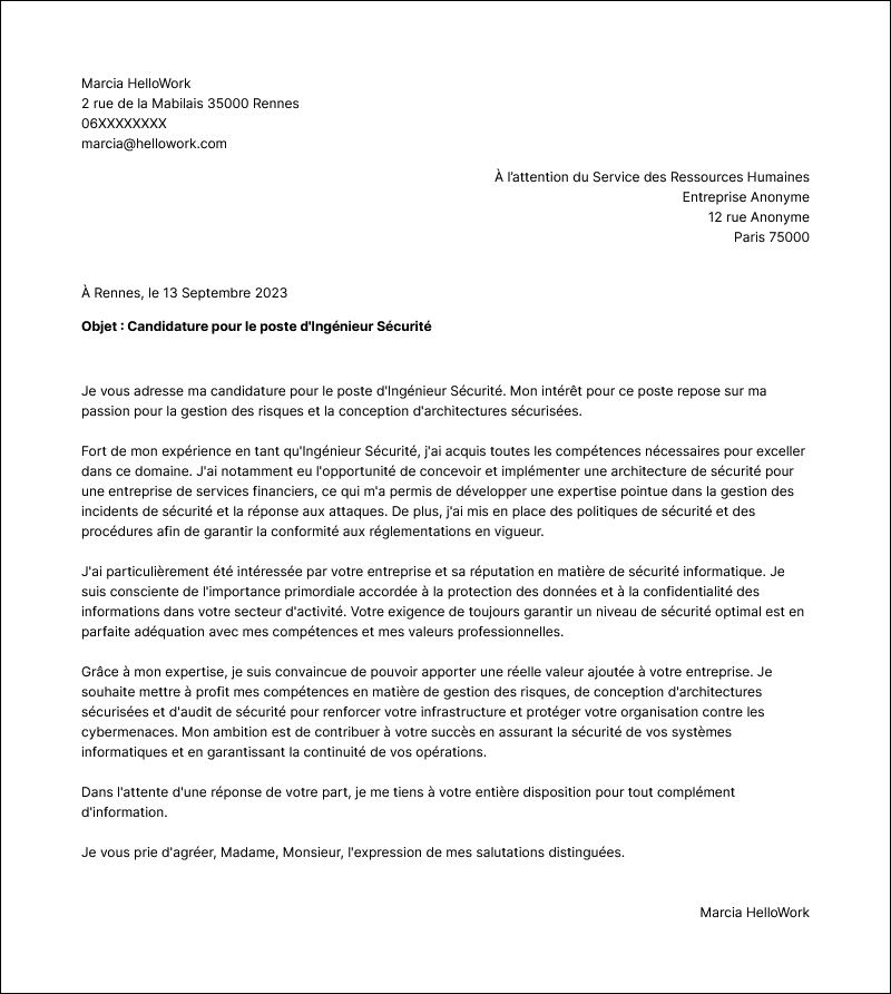 Modèle lettre de motivation Ingénieur sécurité Exemple lettre de motivation Ingénieur sécurité