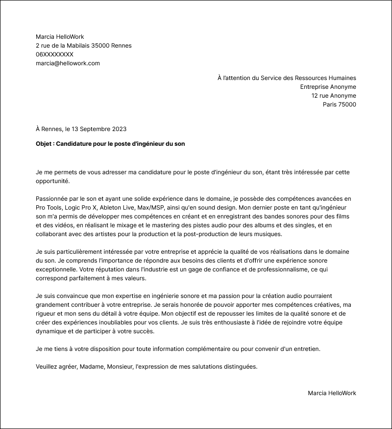 Modèle lettre de motivation Ingénieur du son Exemple lettre de motivation Ingénieur du son