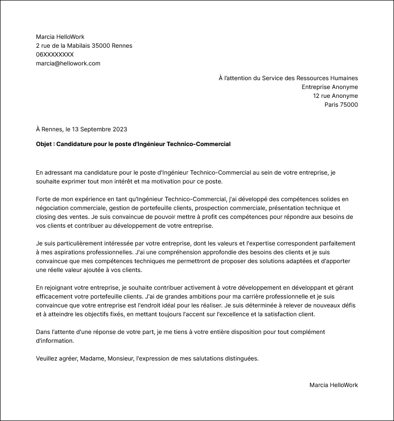 Modèle lettre de motivation Ingénieur technico-commercial Exemple lettre de motivation Ingénieur technico-commercial