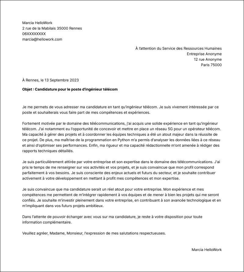 Modèle lettre de motivation Ingénieur télécom Exemple lettre de motivation Ingénieur télécom
