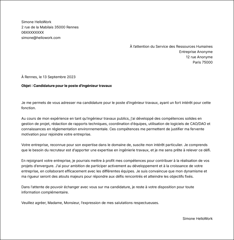 Modèle lettre de motivation Ingénieur travaux publics Exemple lettre de motivation Ingénieur travaux publics