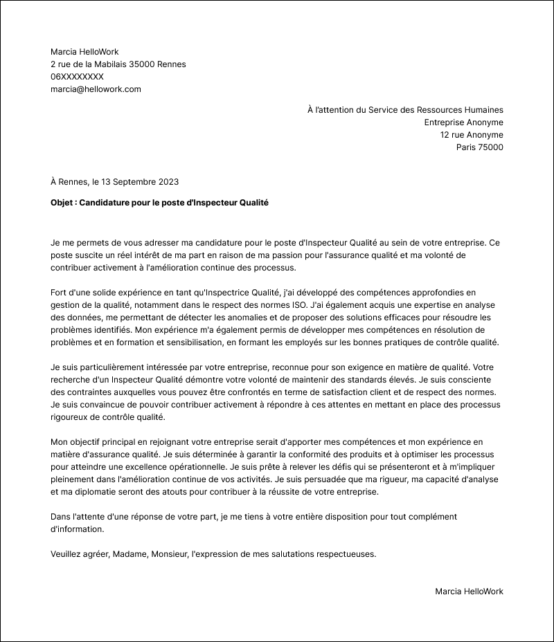 Modèle lettre de motivation Inspecteur qualité Exemple lettre de motivation Inspecteur qualité