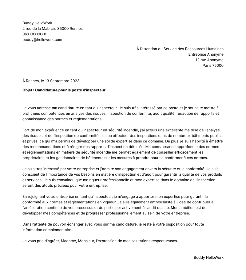 Modèle lettre de motivation Inspecteur Exemple lettre de motivation Inspecteur