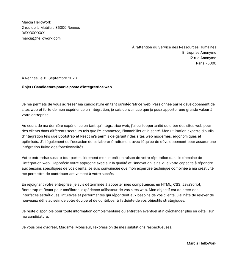 Modèle lettre de motivation Intégrateur web Exemple lettre de motivation Intégrateur web
