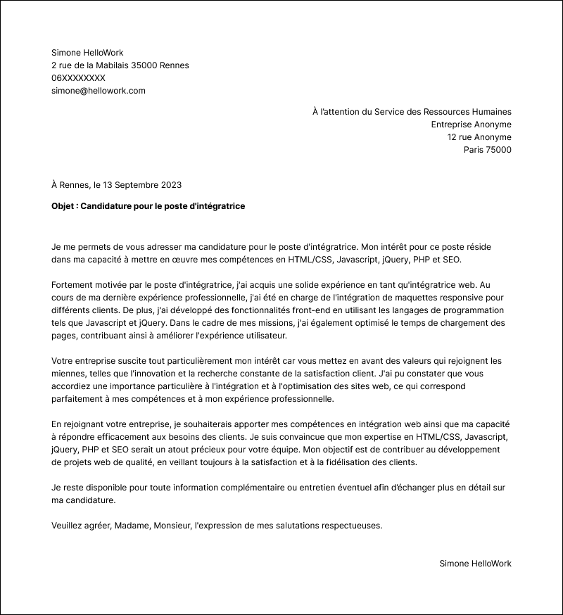 Modèle lettre de motivation Intégrateur Exemple lettre de motivation Intégrateur