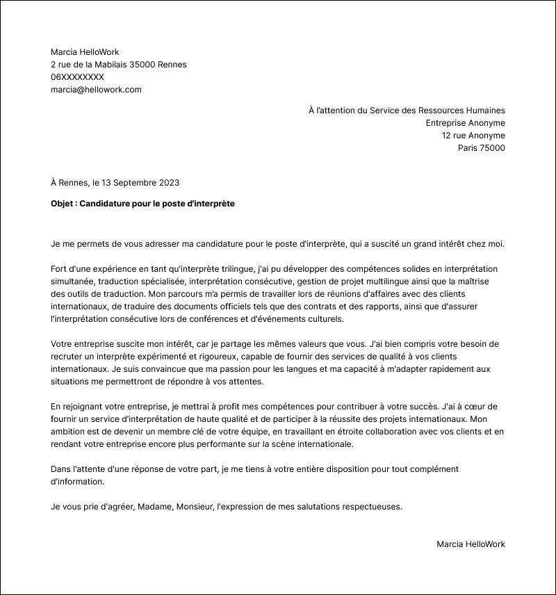 Modèle lettre de motivation Interprète Exemple lettre de motivation Interprète