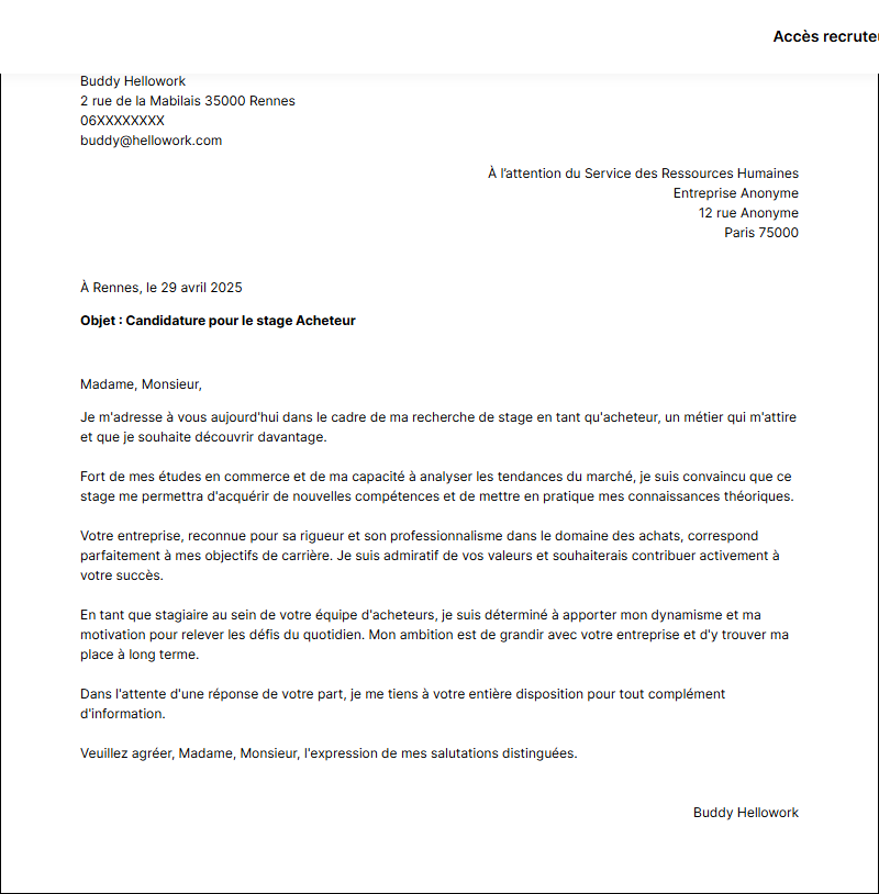 Modèle lettre de motivation pour un stage Acheteur Exemple lettre de motivation pour un stage Acheteur