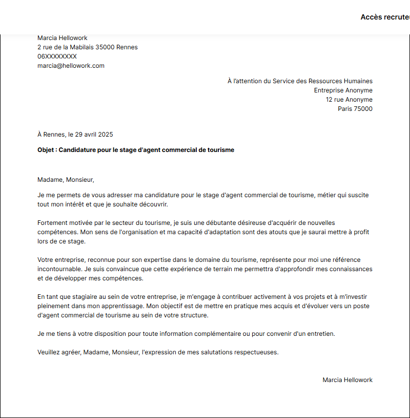 Modèle lettre de motivation pour un stage Agent de voyage Exemple lettre de motivation pour un stage Agent de voyage