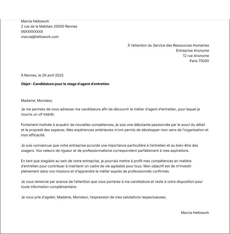 Modèle lettre de motivation pour un stage Agent d'entretien Exemple lettre de motivation pour un stage Agent d'entretien