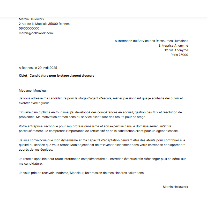 Modèle lettre de motivation pour un stage Agent d'escale Exemple lettre de motivation pour un stage Agent d'escale