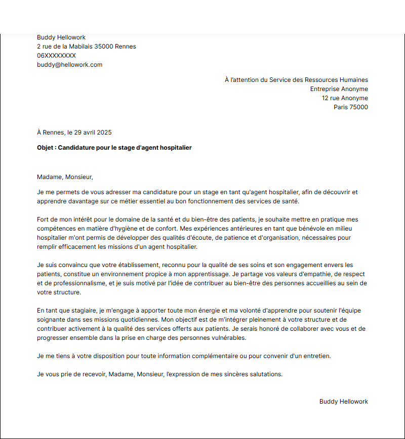 Exemple lettre de motivation pour un stage ASH