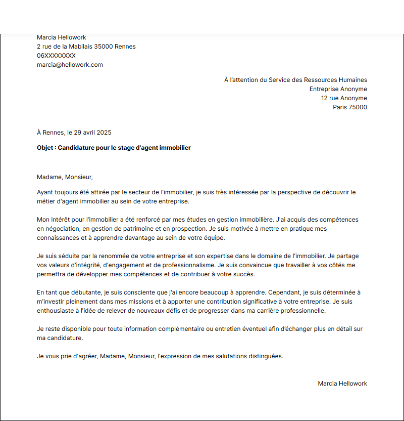 Modèle lettre de motivation pour un stage Agent immobilier Exemple lettre de motivation pour un stage Agent immobilier