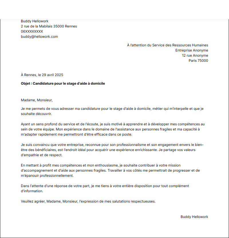 Exemple lettre de motivation pour un stage Aide à domicile