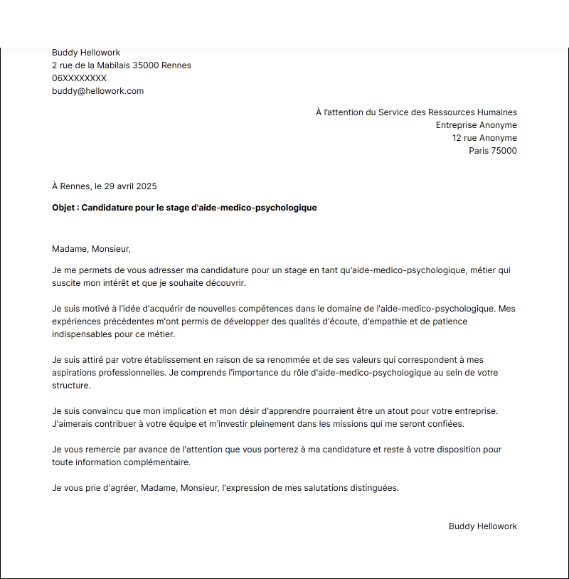 Exemple lettre de motivation pour un stage Aide médico-psychologique