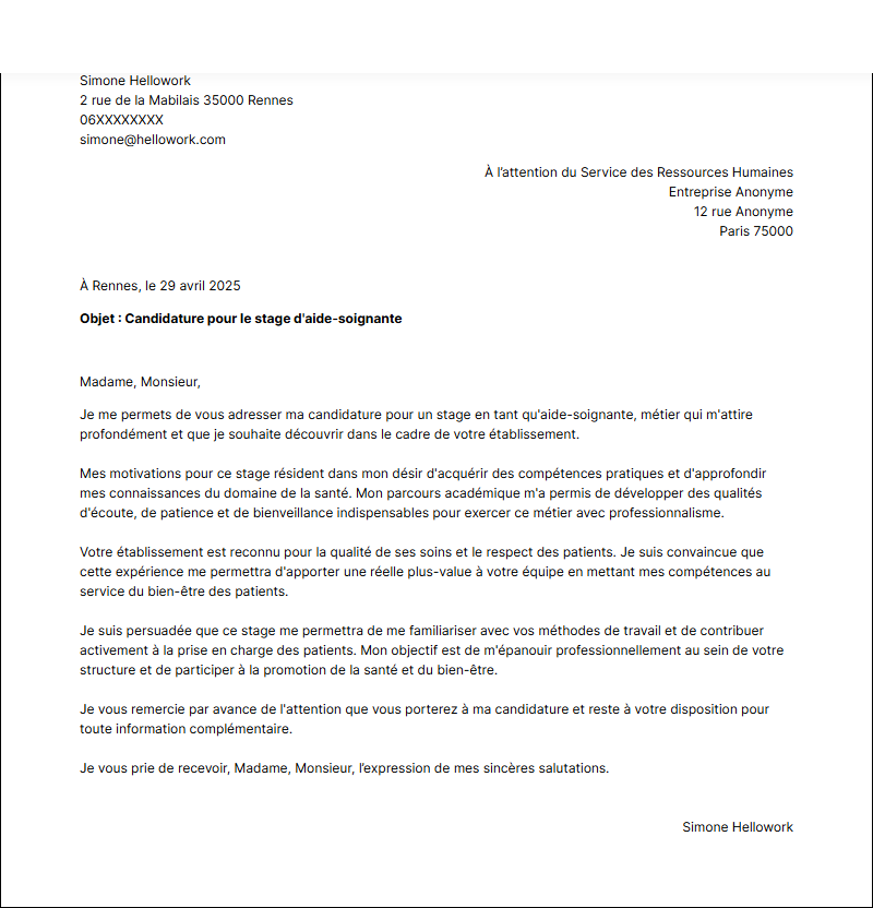Modèle lettre de motivation pour un stage Aide-soignant Exemple lettre de motivation pour un stage Aide-soignant