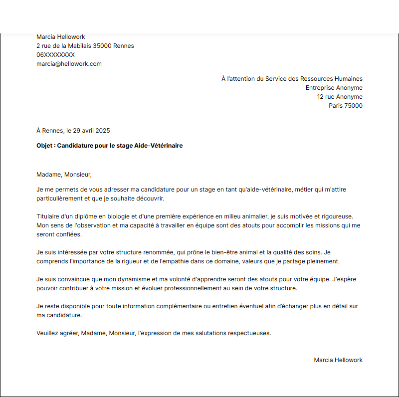 Modèle lettre de motivation pour un stage Auxiliaire vétérinaire Exemple lettre de motivation pour un stage Auxiliaire vétérinaire