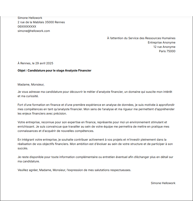 Modèle lettre de motivation pour un stage Analyste financier Exemple lettre de motivation pour un stage Analyste financier