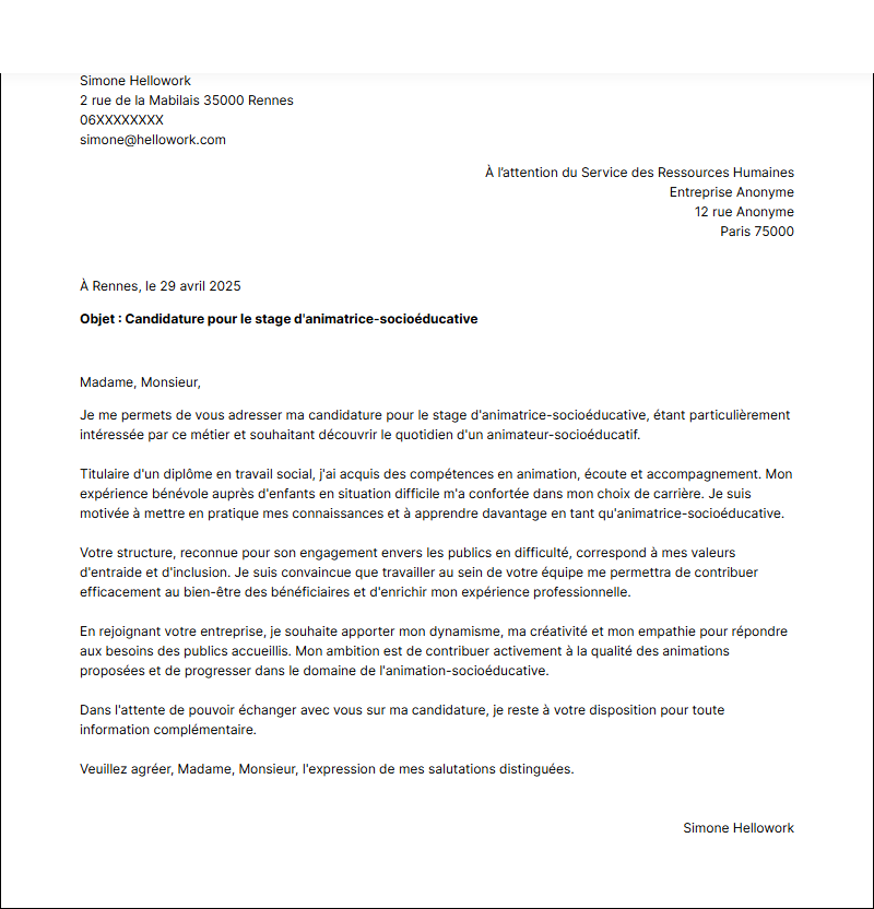 Modèle lettre de motivation pour un stage AES Exemple lettre de motivation pour un stage AES