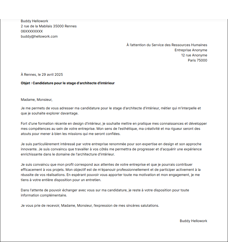 Modèle lettre de motivation pour un stage Architecte d'intérieur Exemple lettre de motivation pour un stage Architecte d'intérieur