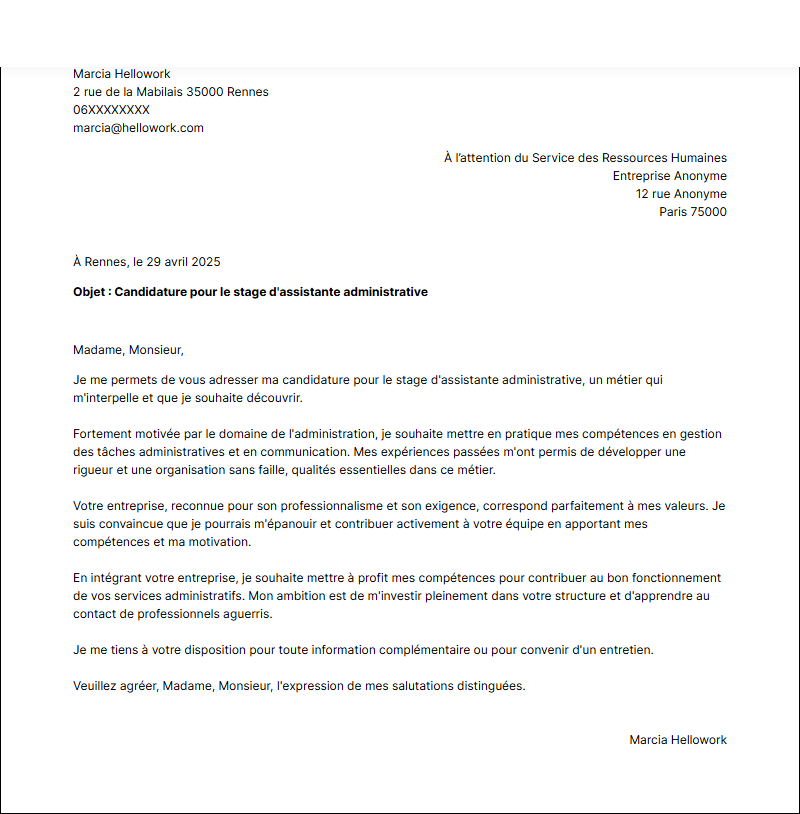 Modèle lettre de motivation pour un stage Assistant administratif Exemple lettre de motivation pour un stage Assistant administratif