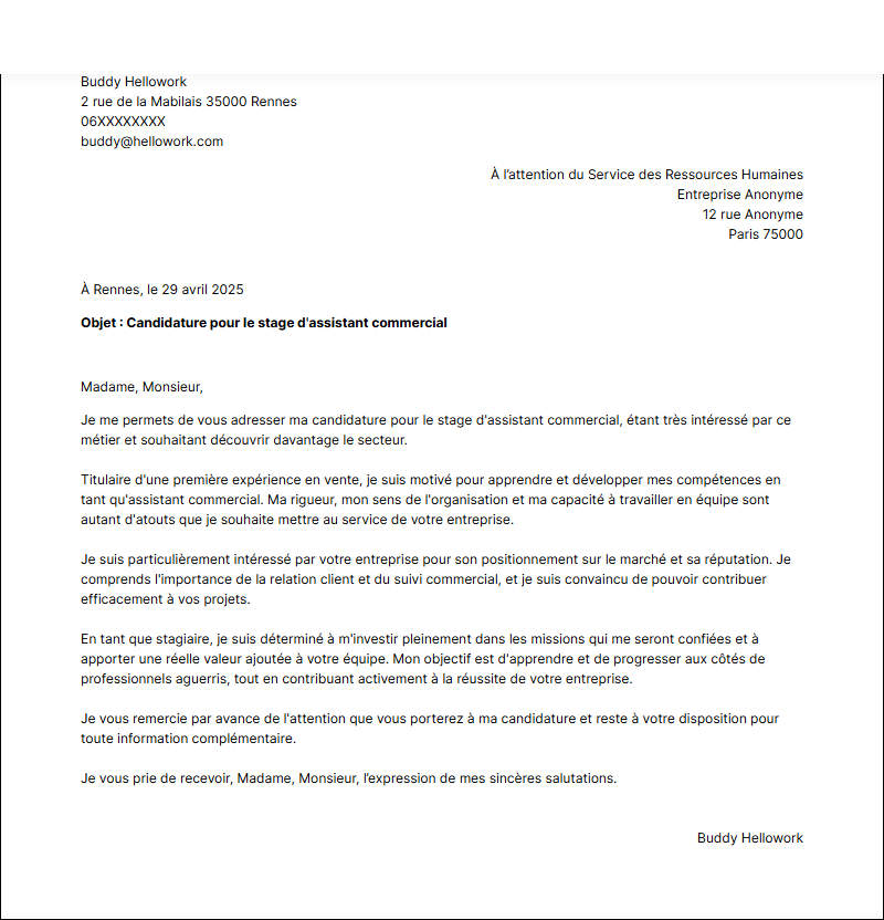 Modèle lettre de motivation pour un stage Assistant commercial Exemple lettre de motivation pour un stage Assistant commercial