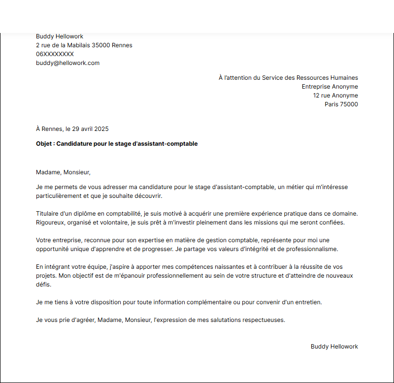 Modèle lettre de motivation pour un stage Assistant comptable Exemple lettre de motivation pour un stage Assistant comptable