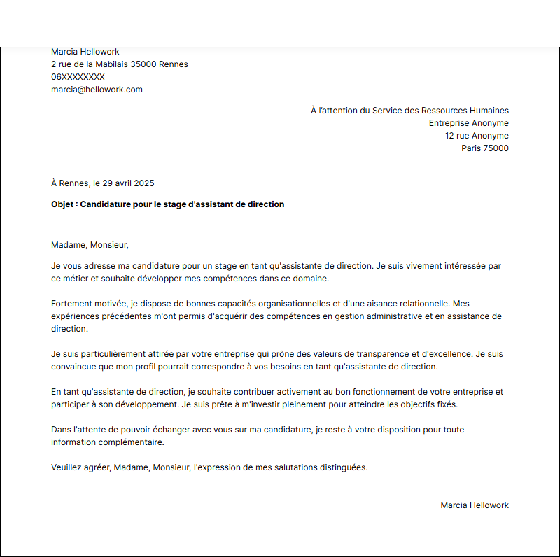 Modèle lettre de motivation pour un stage Assistante de direction Exemple lettre de motivation pour un stage Assistante de direction