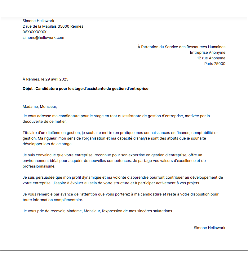Modèle lettre de motivation pour un stage Assistant de gestion Exemple lettre de motivation pour un stage Assistant de gestion