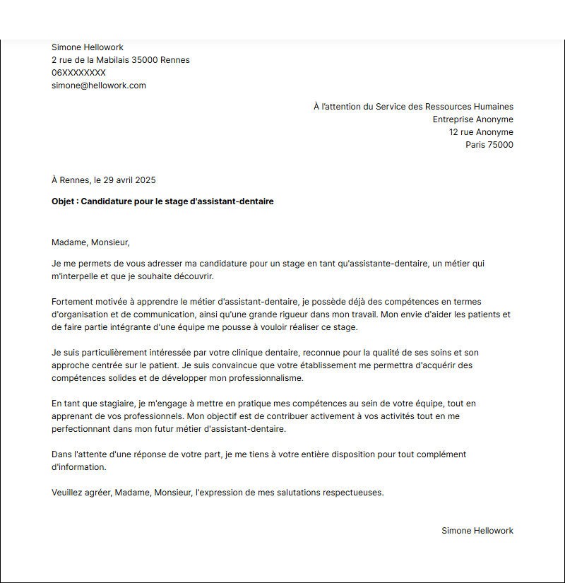 Modèle lettre de motivation pour un stage Assistante dentaire Exemple lettre de motivation pour un stage Assistante dentaire