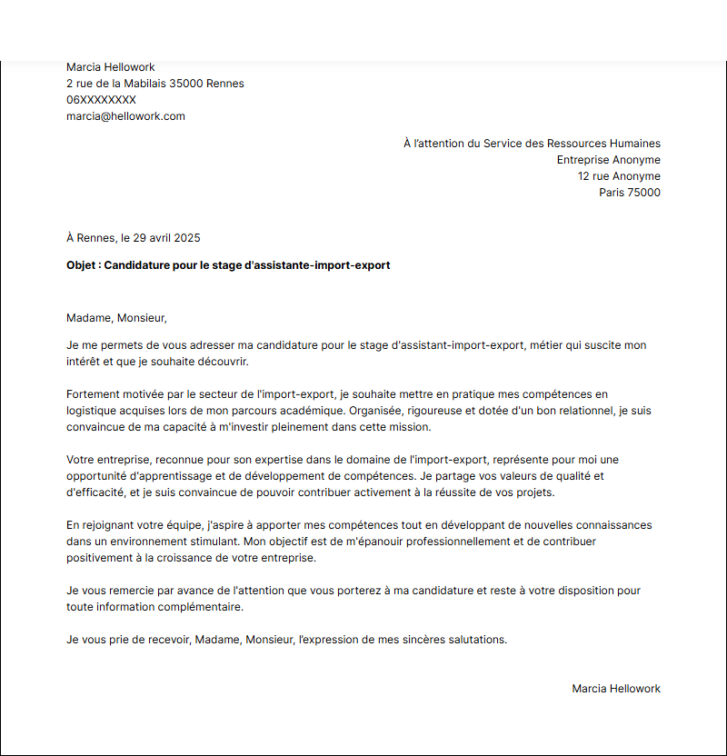 Exemple lettre de motivation pour un stage Assistant import-export