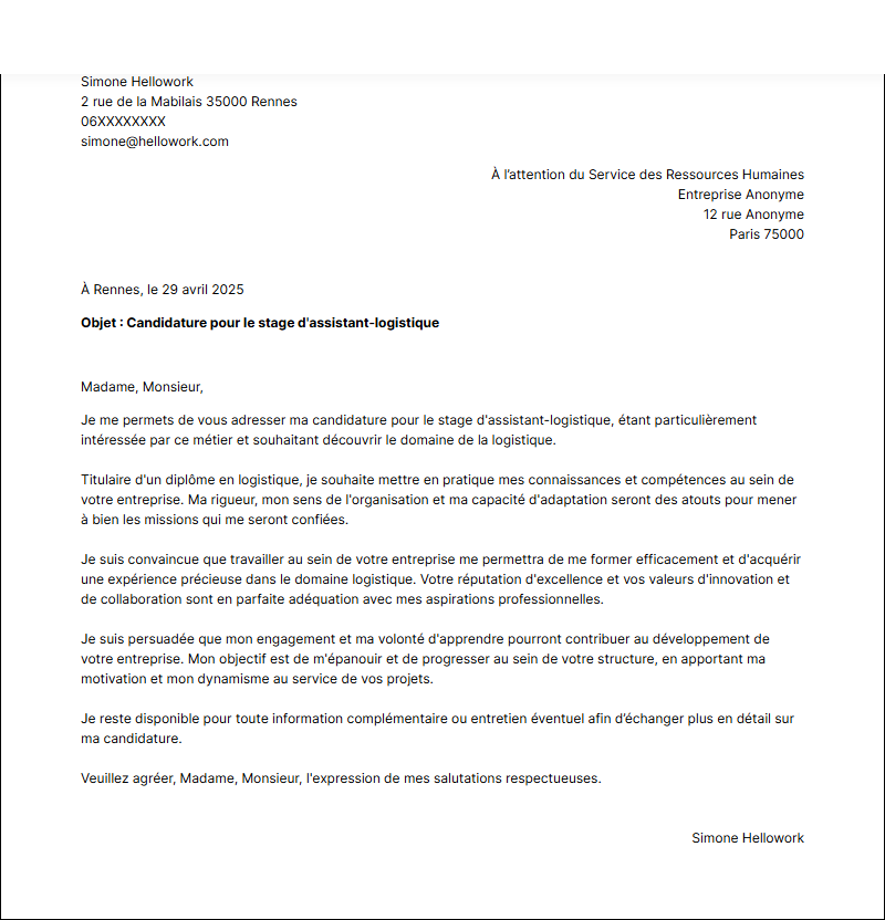 Modèle lettre de motivation pour un stage Assistant logistique Exemple lettre de motivation pour un stage Assistant logistique